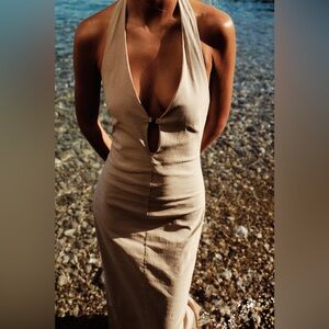Zara Beige Halter Stretch Midi Dress